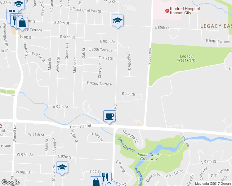 map of restaurants, bars, coffee shops, grocery stores, and more near Holmes Rd & E 93rd St in Kansas City
