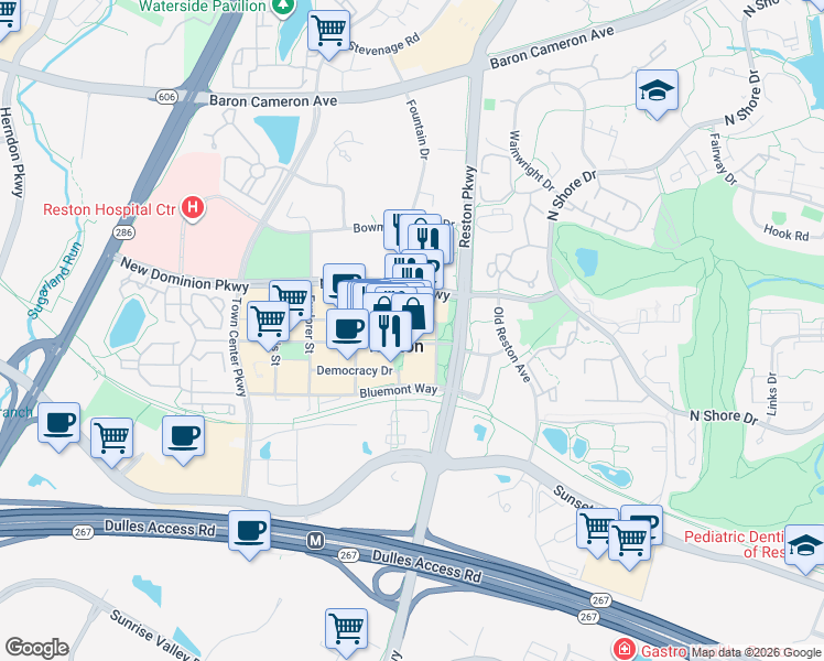 map of restaurants, bars, coffee shops, grocery stores, and more near 11911 Freedom Drive in Reston