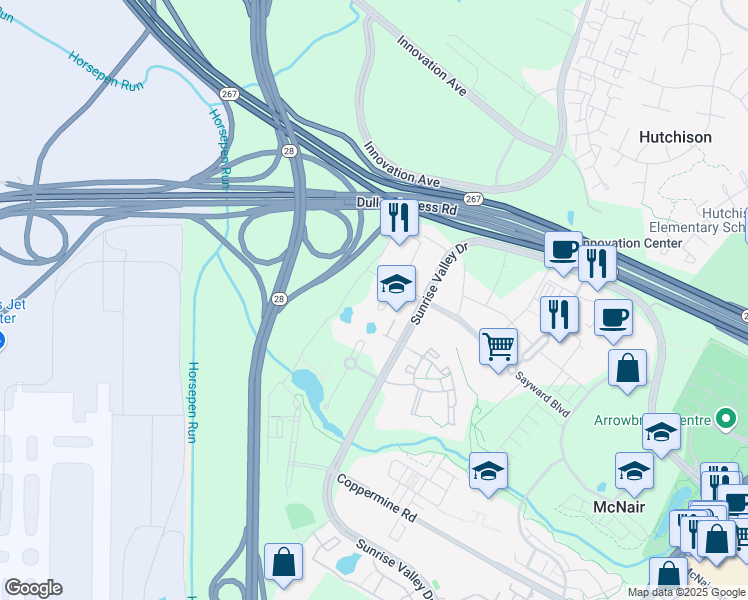 map of restaurants, bars, coffee shops, grocery stores, and more near 2340 Dulles Corner Boulevard in Herndon