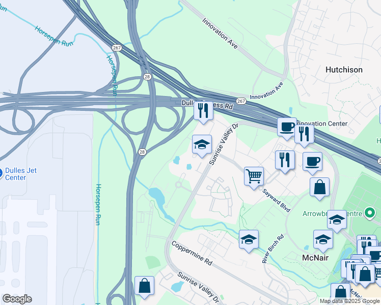 map of restaurants, bars, coffee shops, grocery stores, and more near 2340 Dulles Corner Boulevard in Herndon