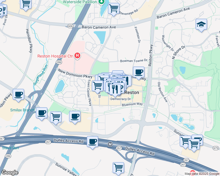 map of restaurants, bars, coffee shops, grocery stores, and more near 11955 Freedom Drive in Reston