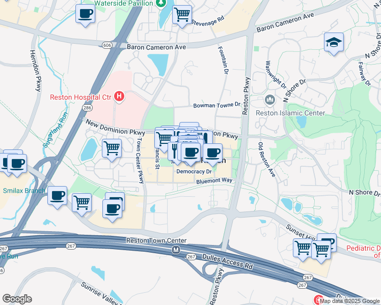 map of restaurants, bars, coffee shops, grocery stores, and more near 11951 Freedom Drive in Reston