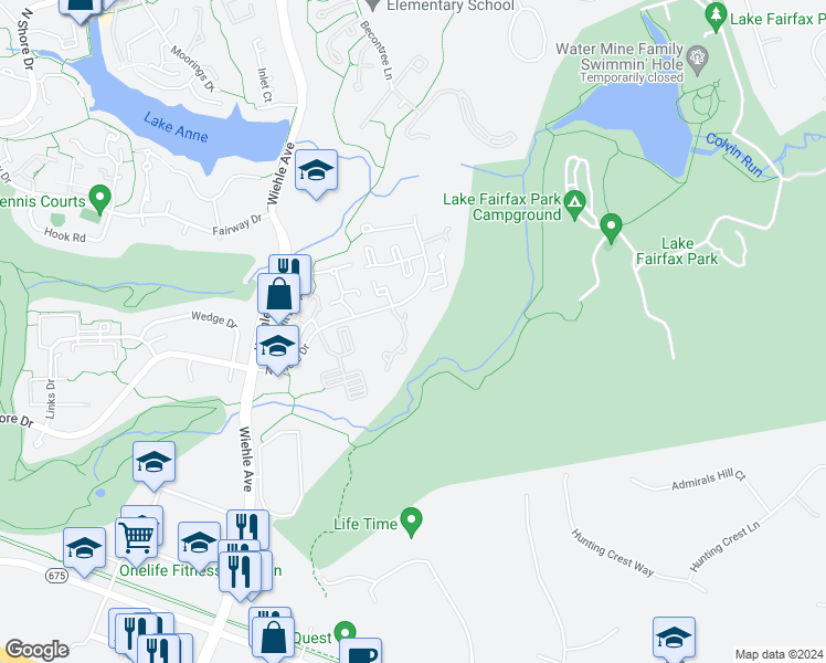 map of restaurants, bars, coffee shops, grocery stores, and more near 1618 Oak Spring Way in Reston