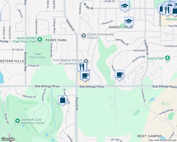 map of restaurants, bars, coffee shops, grocery stores, and more near in Lawrence