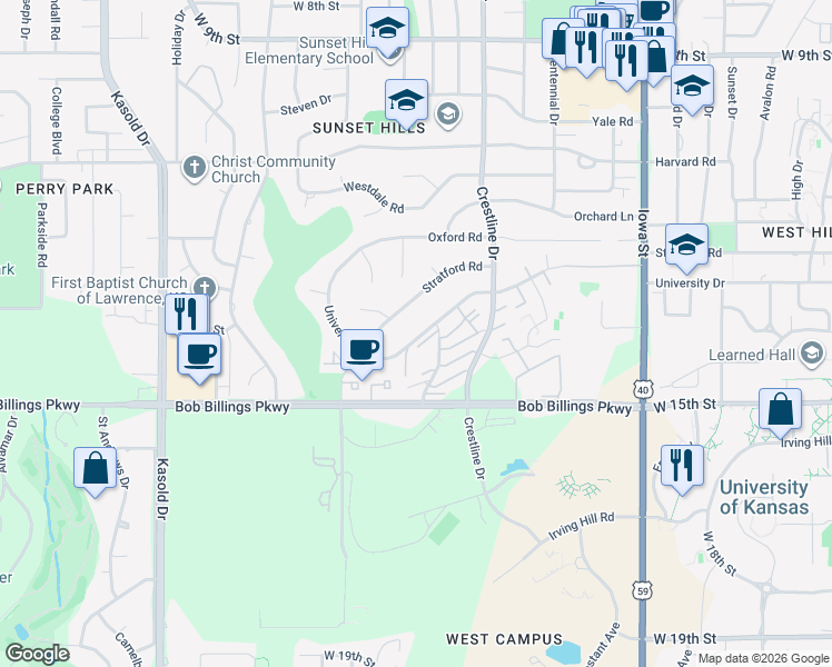 map of restaurants, bars, coffee shops, grocery stores, and more near 2818 University Drive in Lawrence