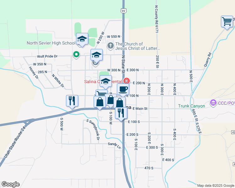 map of restaurants, bars, coffee shops, grocery stores, and more near 48 West 100 North in Salina