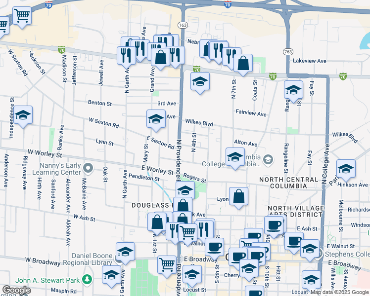 map of restaurants, bars, coffee shops, grocery stores, and more near 302 Dysart Street in Columbia