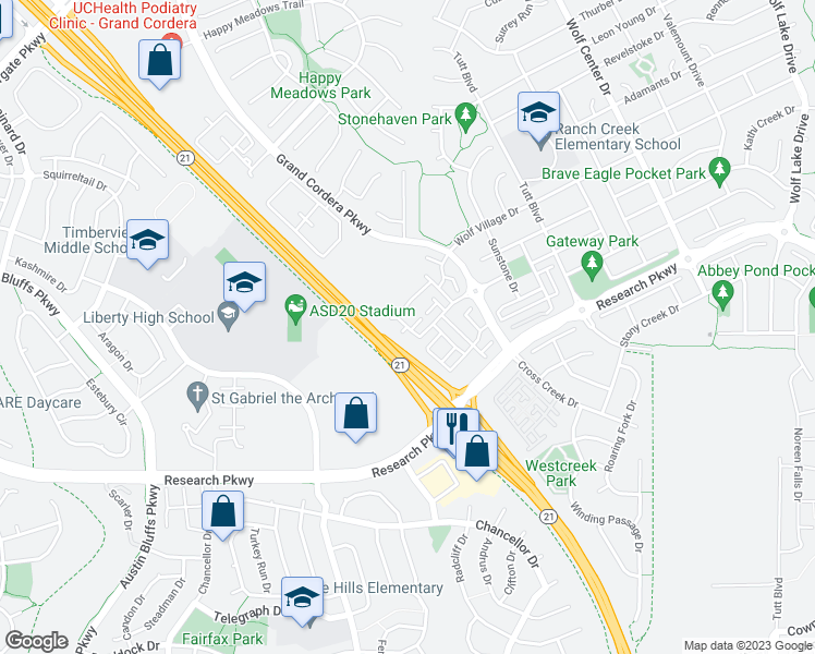 map of restaurants, bars, coffee shops, grocery stores, and more near Vista Azul Heights in Colorado Springs