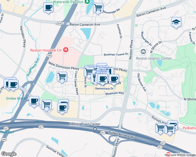 map of restaurants, bars, coffee shops, grocery stores, and more near 11953 Freedom Drive in Reston