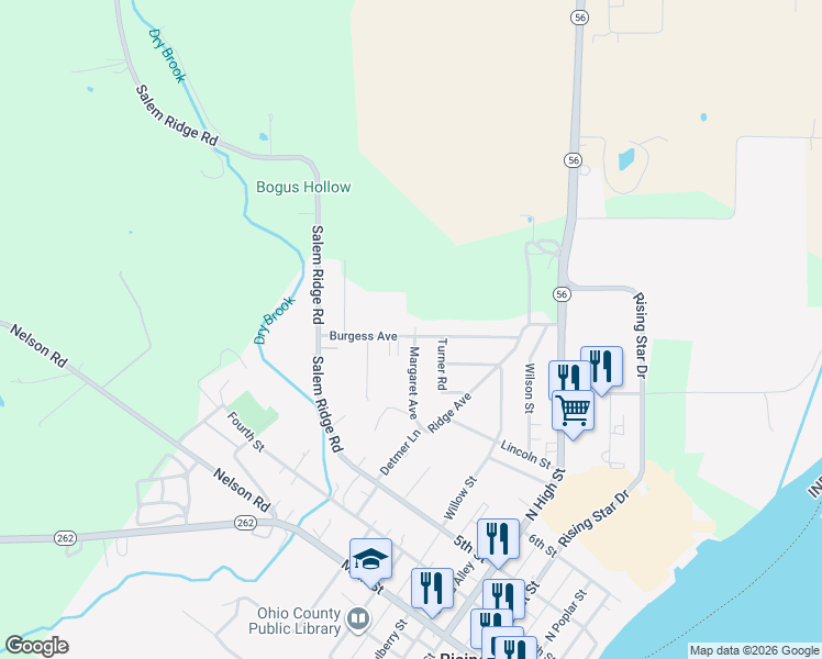 map of restaurants, bars, coffee shops, grocery stores, and more near 928 Burgess Avenue in Rising Sun