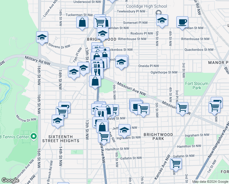 map of restaurants, bars, coffee shops, grocery stores, and more near 9th Street Northwest in Washington