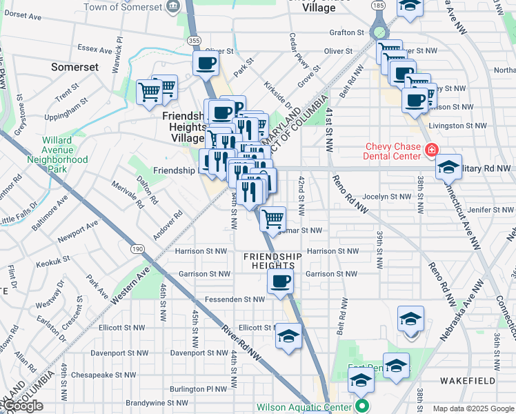 map of restaurants, bars, coffee shops, grocery stores, and more near Wisconsin Avenue in Washington