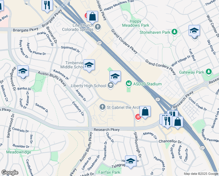map of restaurants, bars, coffee shops, grocery stores, and more near 8720 Scarborough Drive in Colorado Springs