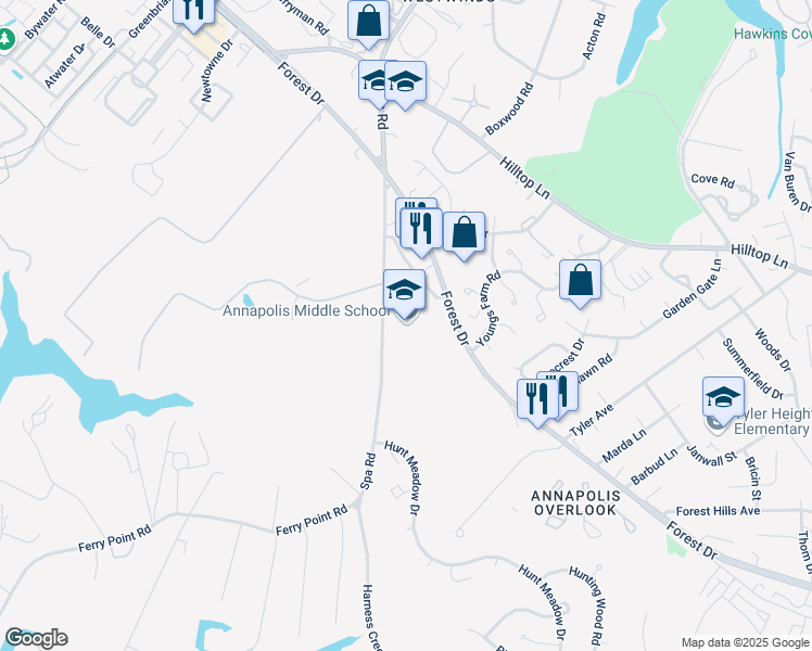 map of restaurants, bars, coffee shops, grocery stores, and more near 1399 Forest Drive in Annapolis
