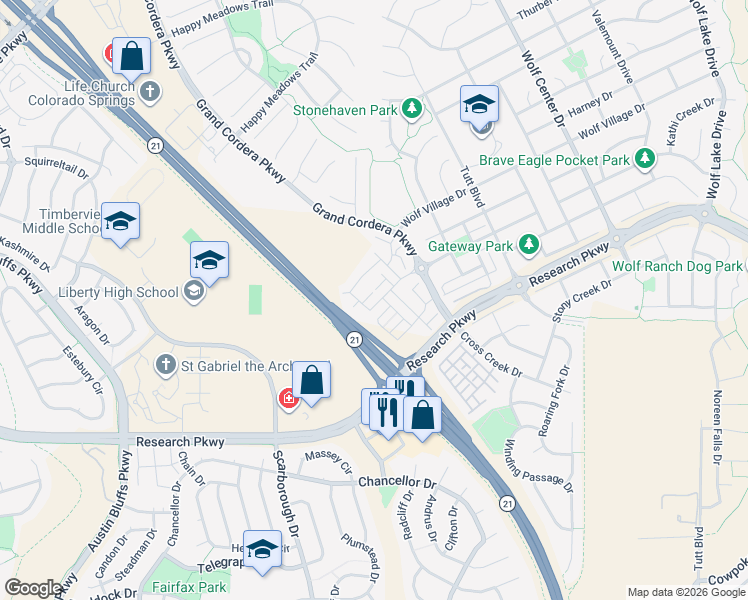 map of restaurants, bars, coffee shops, grocery stores, and more near 8872 Emma Jean Point in Colorado Springs