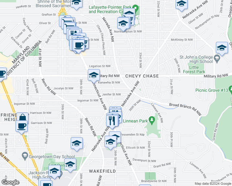 map of restaurants, bars, coffee shops, grocery stores, and more near 3643 Jenifer Street Northwest in Washington