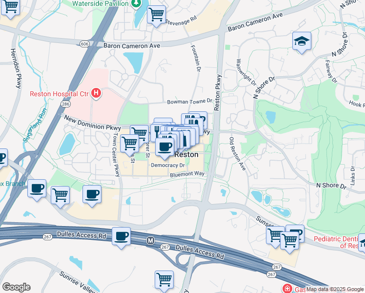 map of restaurants, bars, coffee shops, grocery stores, and more near 11921 Freedom Drive in Reston