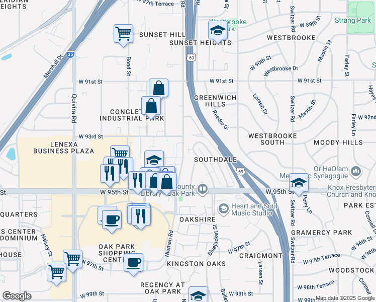 map of restaurants, bars, coffee shops, grocery stores, and more near 9306 Bluejacket Drive in Overland Park