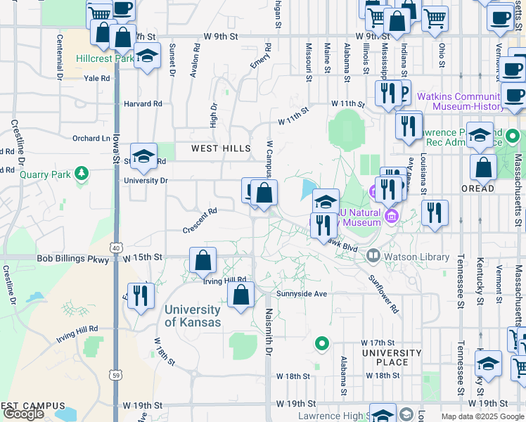 map of restaurants, bars, coffee shops, grocery stores, and more near 1339 West Campus Road in Lawrence