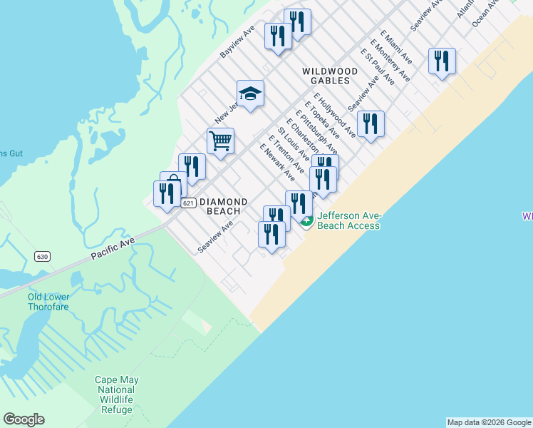 map of restaurants, bars, coffee shops, grocery stores, and more near 301 East Rochester Avenue in Wildwood Crest