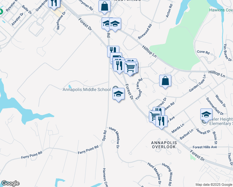 map of restaurants, bars, coffee shops, grocery stores, and more near 1399 Forest Drive in Annapolis