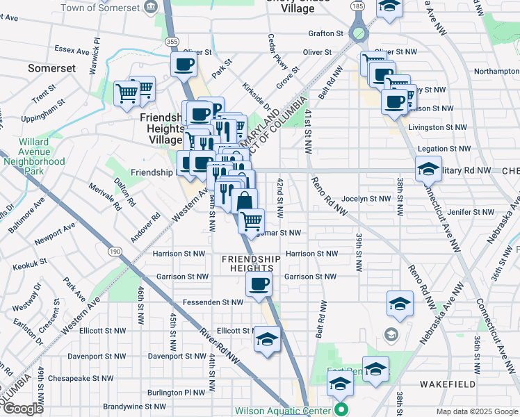 map of restaurants, bars, coffee shops, grocery stores, and more near 4227 Jenifer Street Northwest in Washington