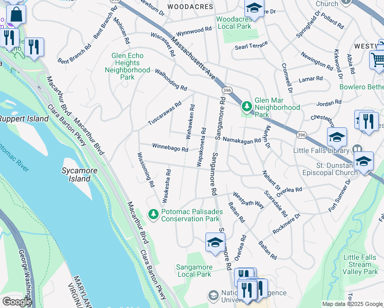 map of restaurants, bars, coffee shops, grocery stores, and more near 6004 Winnebago Road in Bethesda