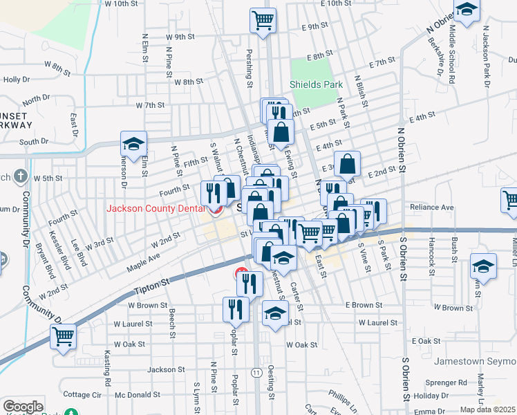map of restaurants, bars, coffee shops, grocery stores, and more near in Seymour