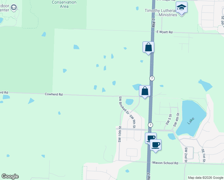 map of restaurants, bars, coffee shops, grocery stores, and more near 25906 Cowherd Road in Blue Springs