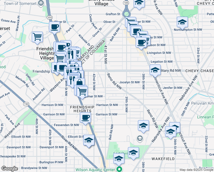 map of restaurants, bars, coffee shops, grocery stores, and more near 3931 Jenifer Street Northwest in Washington