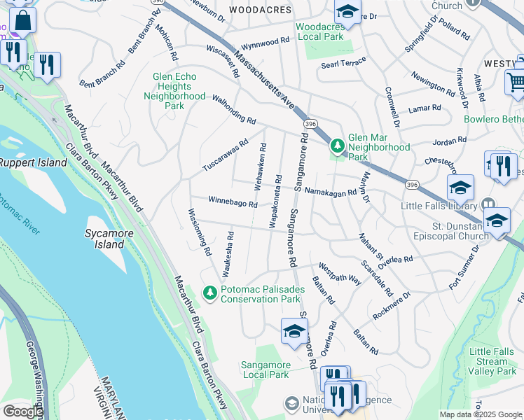 map of restaurants, bars, coffee shops, grocery stores, and more near 6004 Winnebago Road in Bethesda
