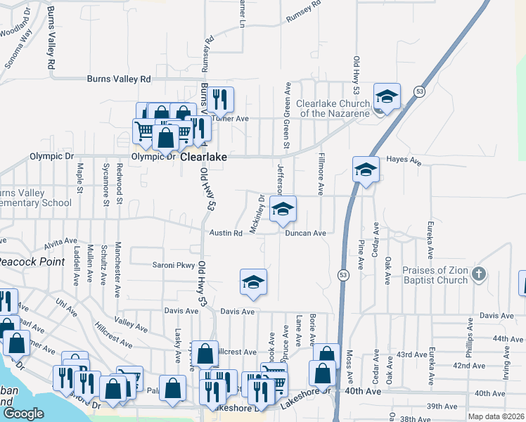 map of restaurants, bars, coffee shops, grocery stores, and more near 15206 Taft Drive in Clearlake