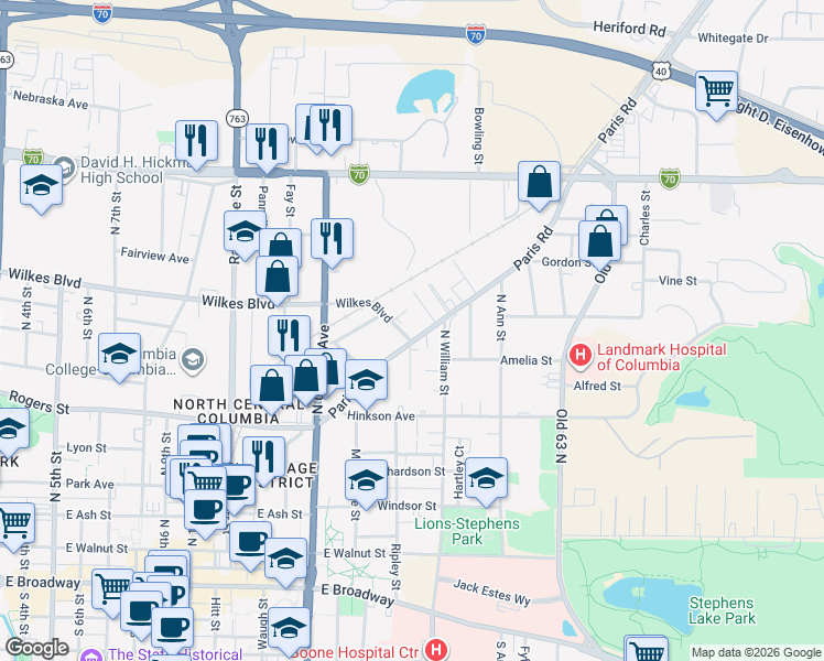map of restaurants, bars, coffee shops, grocery stores, and more near 1509 Paris Road in Columbia