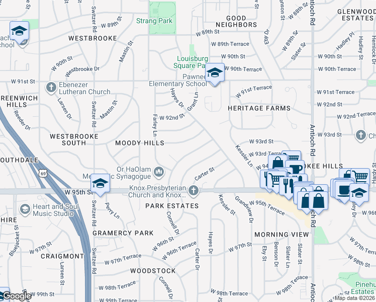 map of restaurants, bars, coffee shops, grocery stores, and more near 9414 Connell Drive in Overland Park