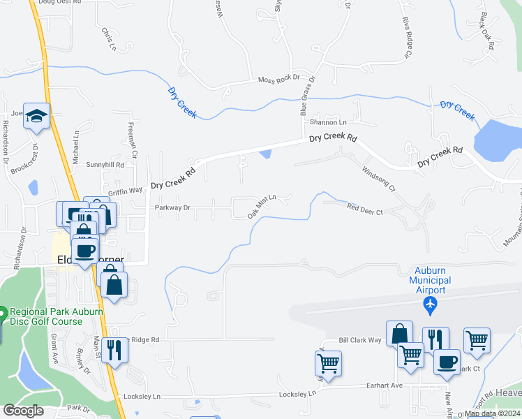map of restaurants, bars, coffee shops, grocery stores, and more near 12464 Oak Mist Lane in Auburn