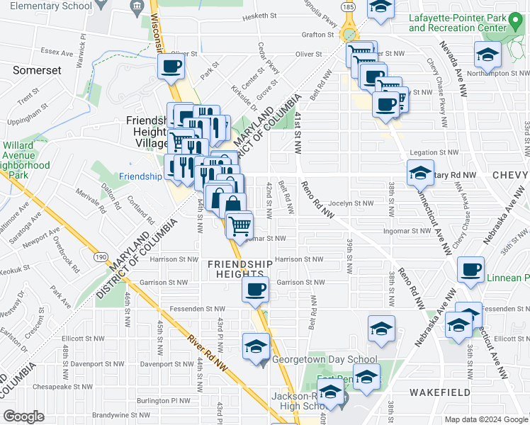 map of restaurants, bars, coffee shops, grocery stores, and more near 4203 Jenifer Street Northwest in Washington