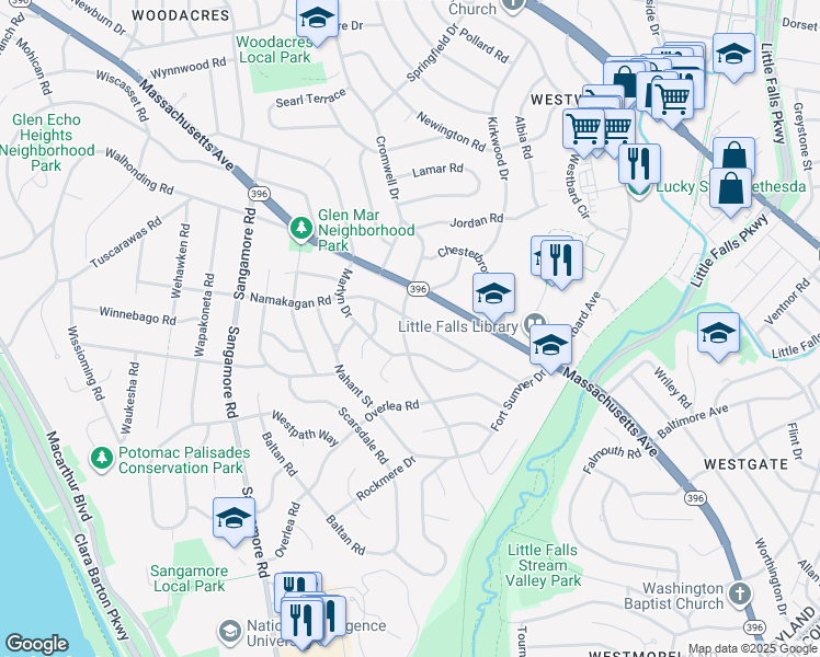 map of restaurants, bars, coffee shops, grocery stores, and more near 5620 Namakagan Road in Bethesda