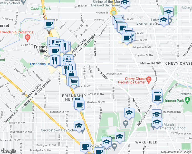 map of restaurants, bars, coffee shops, grocery stores, and more near 3931 Jenifer Street Northwest in Washington