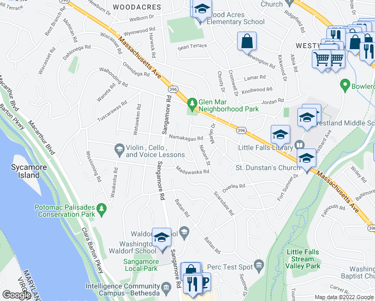map of restaurants, bars, coffee shops, grocery stores, and more near 5212 Augusta Street in Bethesda