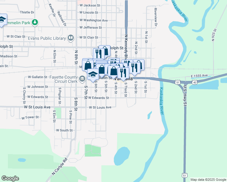map of restaurants, bars, coffee shops, grocery stores, and more near 305 South 4th Street in Vandalia