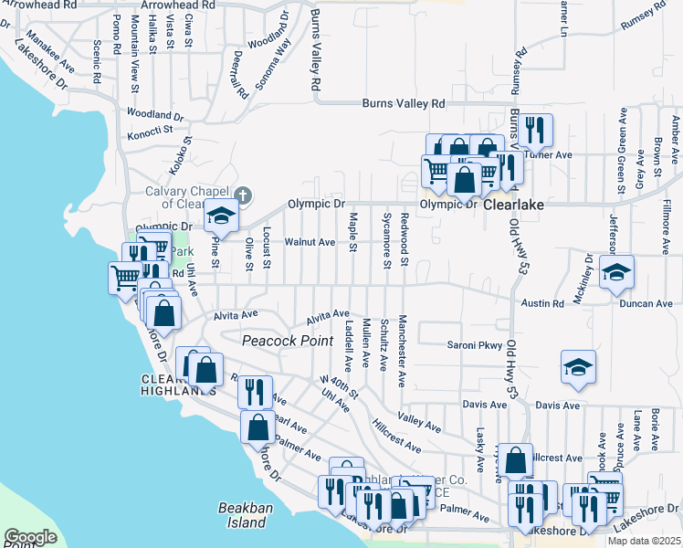 map of restaurants, bars, coffee shops, grocery stores, and more near 3675 Buckeye Street in Clearlake
