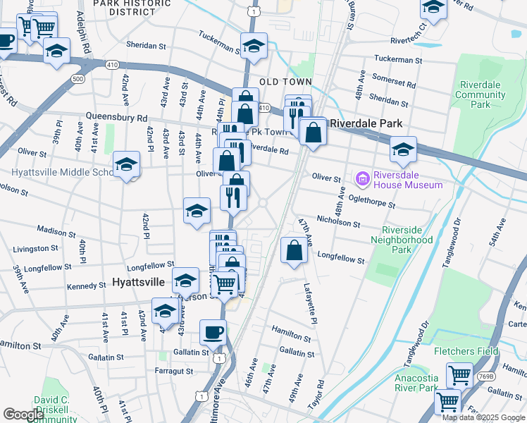 map of restaurants, bars, coffee shops, grocery stores, and more near 5812 Harrison Avenue in Riverdale Park