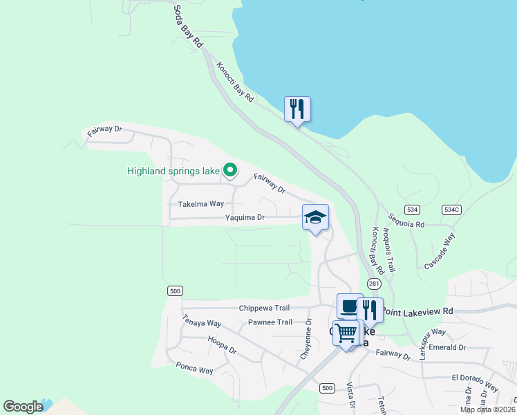 map of restaurants, bars, coffee shops, grocery stores, and more near 9339 Paloos Court in Kelseyville