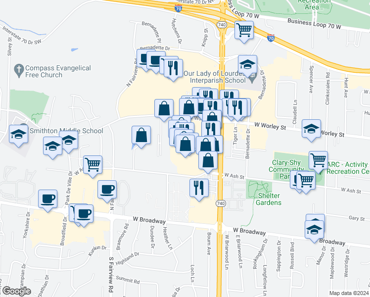 map of restaurants, bars, coffee shops, grocery stores, and more near 217 North Stadium Boulevard in Columbia