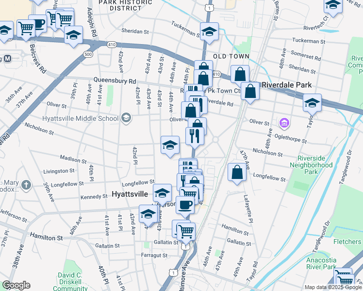 map of restaurants, bars, coffee shops, grocery stores, and more near 4401 Oglethorpe Street in Hyattsville