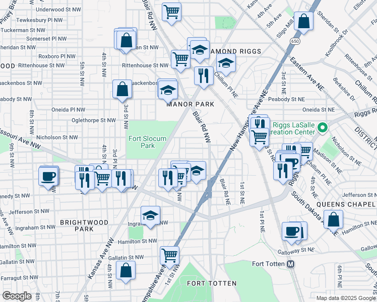 map of restaurants, bars, coffee shops, grocery stores, and more near 38 Milmarson Place Northwest in Washington