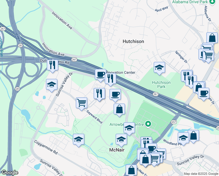 map of restaurants, bars, coffee shops, grocery stores, and more near 2281 Dulles Station Boulevard in Herndon