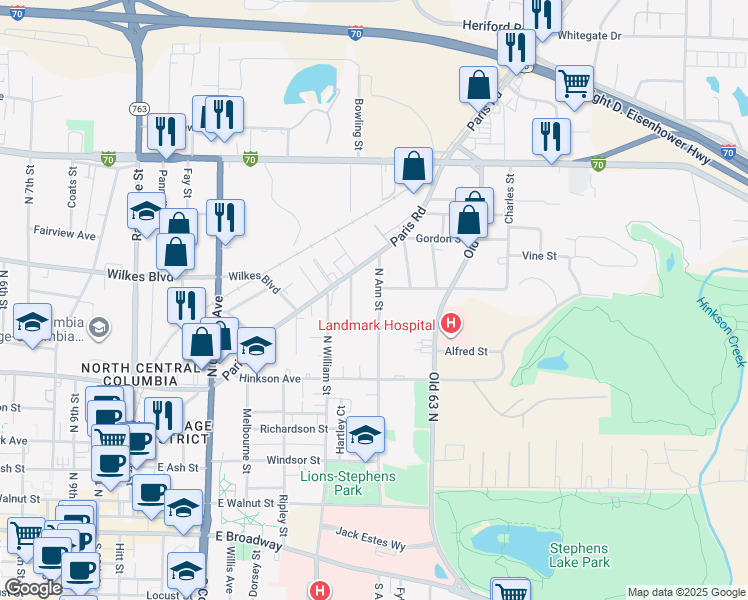 map of restaurants, bars, coffee shops, grocery stores, and more near 711 North Ann Street in Columbia