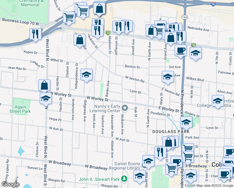 map of restaurants, bars, coffee shops, grocery stores, and more near 308 Duncan Street in Columbia