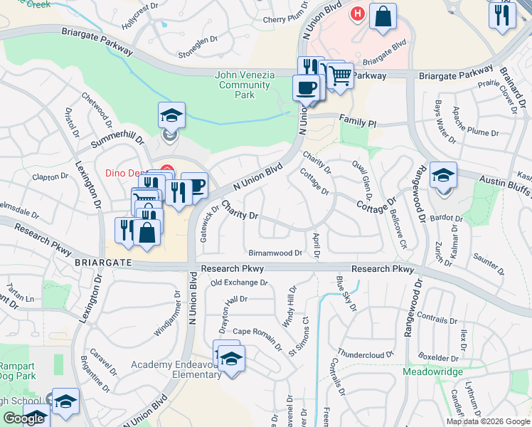 map of restaurants, bars, coffee shops, grocery stores, and more near 3260 Brunswick Drive in Colorado Springs